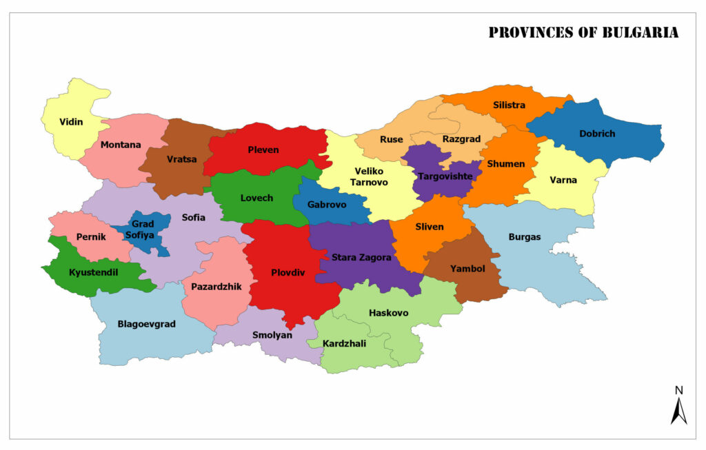 A simplified, color-coded map of Bulgaria's provinces, each labeled by name.