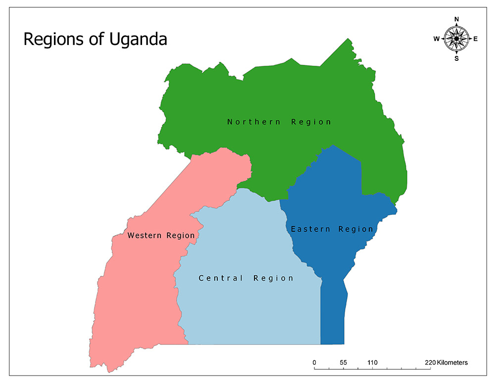 A color-coded map showing the regions of Uganda, with each region in a different color and labeled with its name.