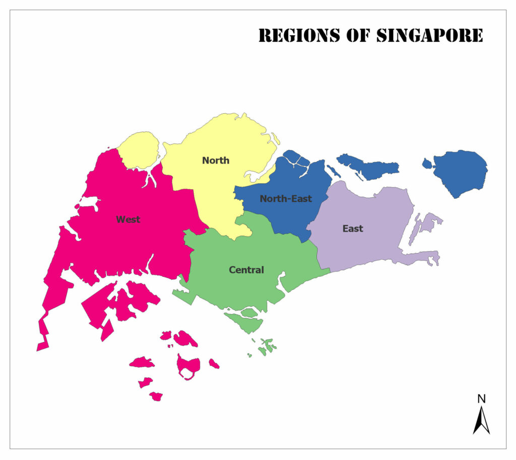 A color-coded map showing the regions of Singapore, with a compass rose indicating the north direction.