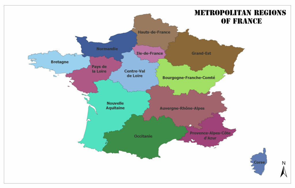 A color-coded map of France's metropolitan regions, including a small Corsica inset.