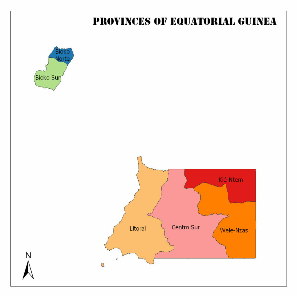 A color-coded map showing the provinces of Equatorial Guinea with a compass rose indicating north.