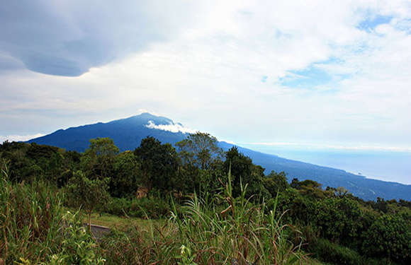 A mountain peak partially hidden by clouds, with green vegetation in the foreground under a blue, cloudy sky.