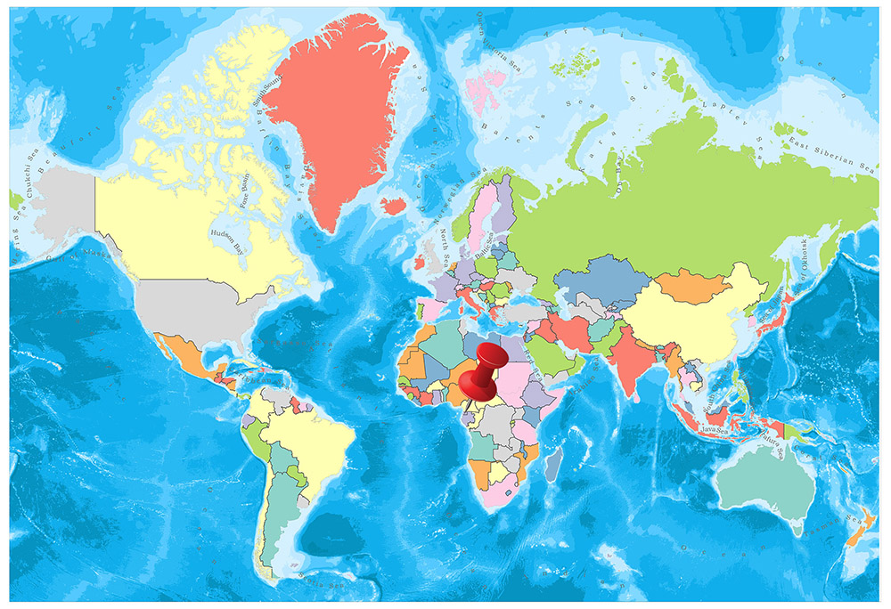 A colorful political world map with countries marked in different colors, oceans in blue, and no labels or text.