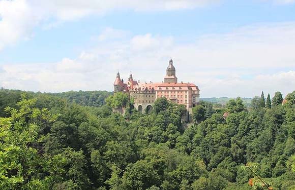 A picturesque view of a large castle with multiple spires and towers, set amidst a lush green forest under a partly cloudy sky.