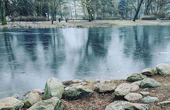 A serene view of a semi-frozen pond reflecting bare trees, encircled by a rocky natural landscape.