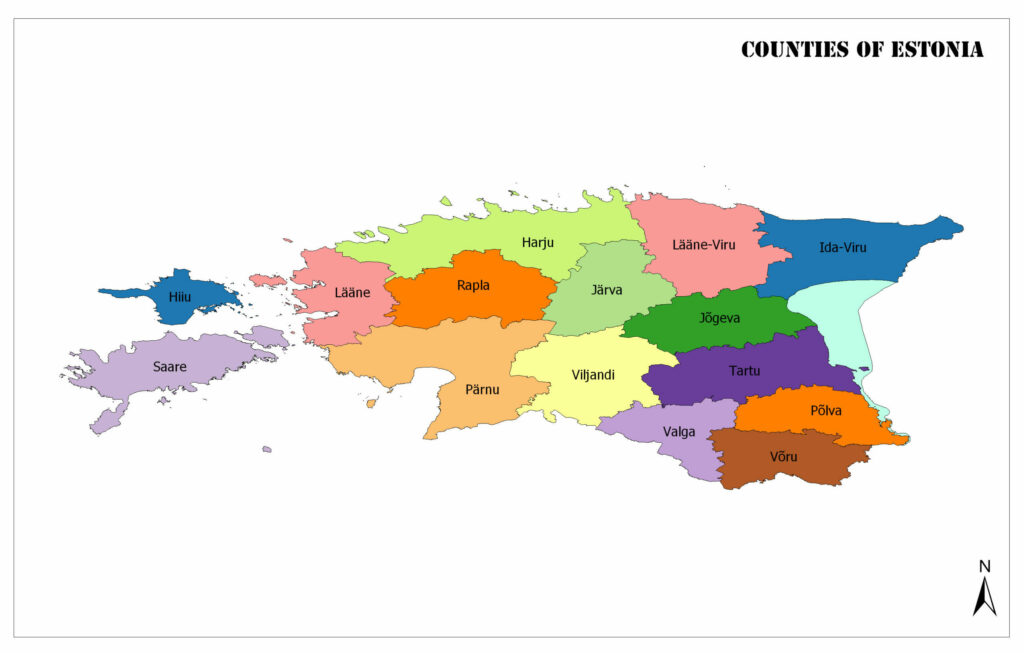 A color-coded map showing the counties of Estonia with labels for each county.