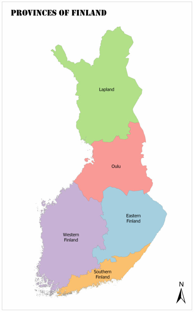 A color-coded map showing the provinces of Finland with labels and a compass indicating the north direction.