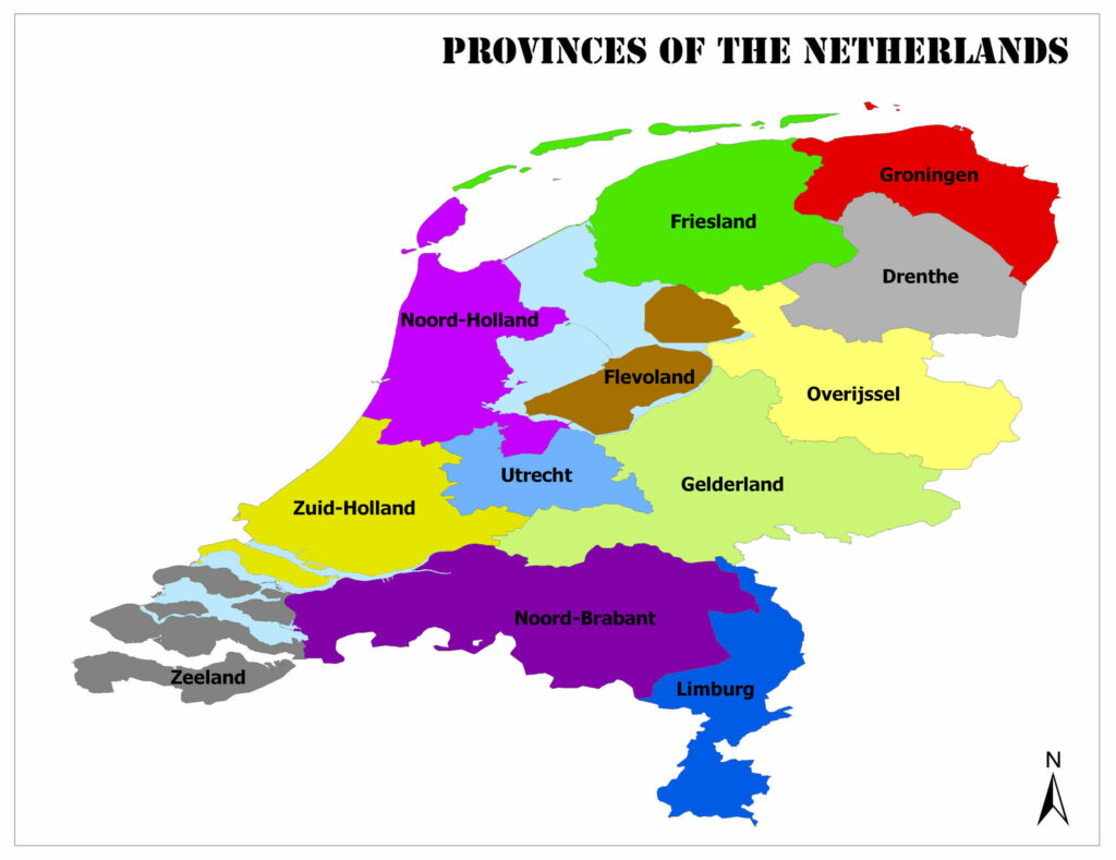 A color-coded map showing the provinces of the Netherlands, with each province labeled with its name.