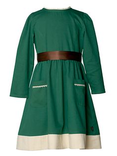 A green dress with long sleeves and a brown belt at the waist, featuring white trim at the hemline.