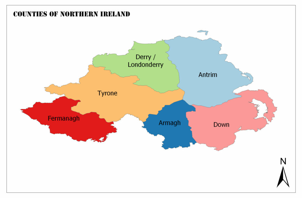 A color-coded map showing the counties of Northern Ireland with labels for each county and a compass rose indicating north.