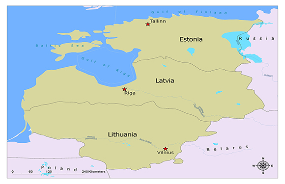 A map showing the Baltic countries: Estonia, Latvia, and Lithuania, with their respective capitals Tallinn, Riga, and Vilnius marked with red stars.