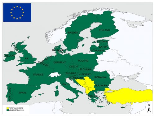 A map shows EU members in green, candidates in yellow, non-members in white, with the EU flag at the top left.