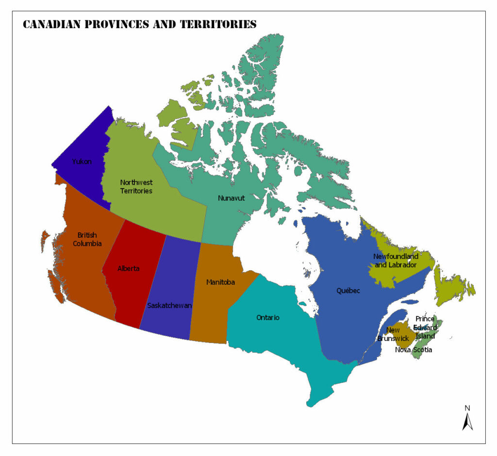 A color-coded map of Canada showing its provinces and territories with labels.