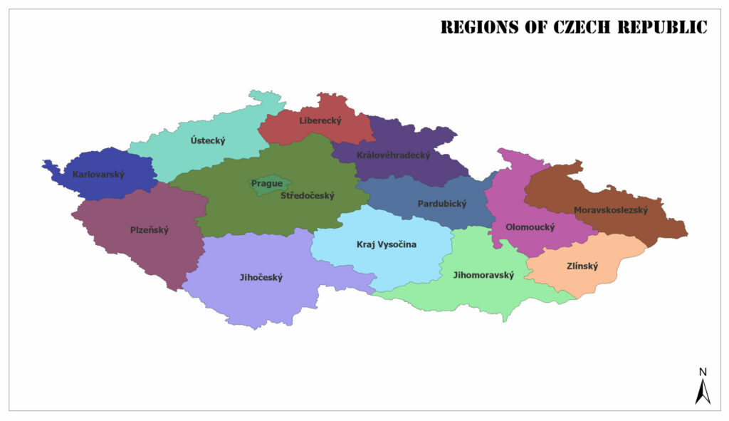 A color-coded map showing the regions of the Czech Republic with labels for each region.