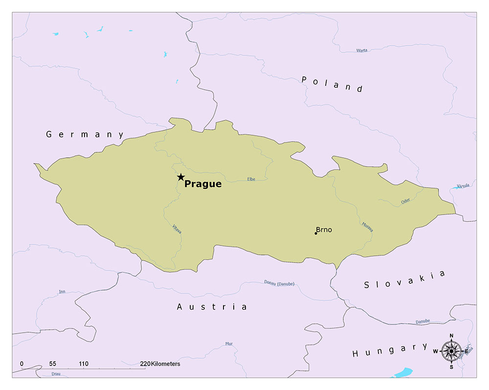 A map displays the Czech Republic, with Prague as its capital, bordered by Germany, Poland, Slovakia, and Austria.