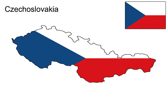 An illustration of the former Czechoslovakia map in blue and red, with the country's flag in the top right corner.