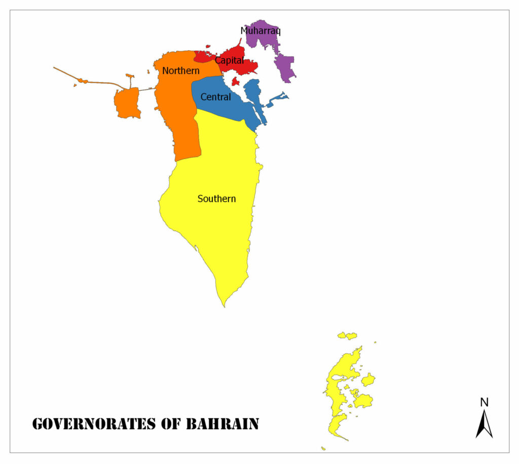 A color-coded map showing the governorates of Bahrain with a compass indicating the north direction.