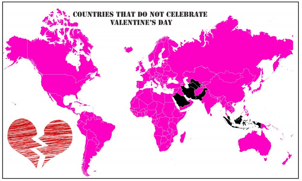 The map shows countries not celebrating Valentine's Day in black, others in pink, with a broken heart symbol at the bottom left.