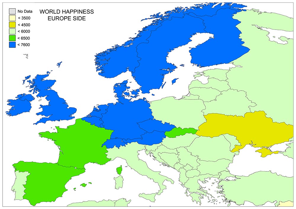 A color-coded map displays happiness levels across Europe, with colors indicating different happiness scores.