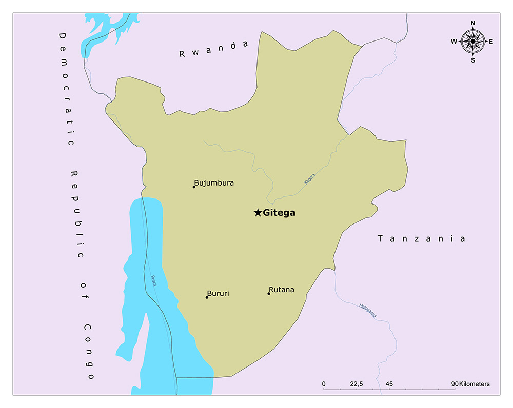 A map displays a region with places like Gitega and Bujumbura, bordered by water, with a compass rose on top right.