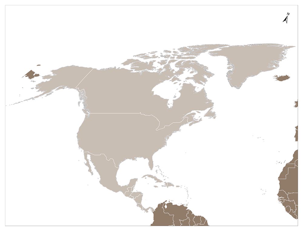 A simplified map showing the outlines of the continents, predominantly in shades of white and brown, with a focus on North America.