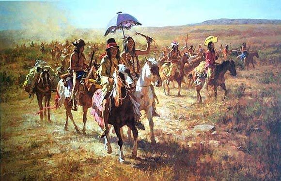 A painting shows people in historical attire journeying across a plain on foot and horseback, some with umbrellas, under a clear sky.