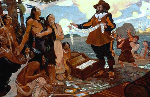 A painting shows a European settler trading beads with Native Americans, with a chest of goods and natural landscape in the background.