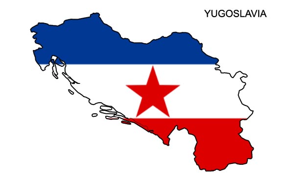 A graphic map of former Yugoslavia in blue, white, and red, with a red star center and "YUGOSLAVIA" below.