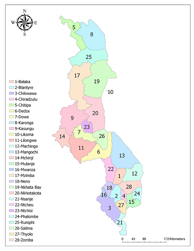 A color-coded map of a country divided into numbered regions, with a compass rose indicating north at the top left corner.