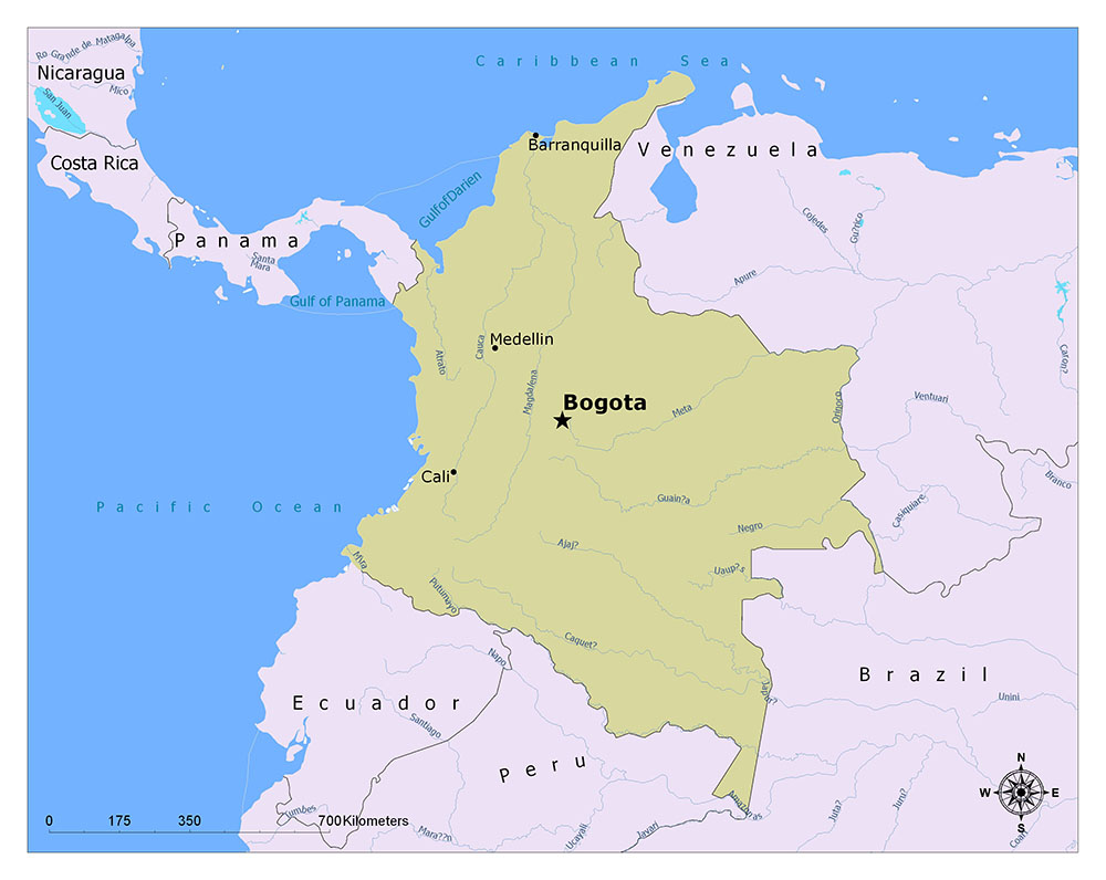 The map highlights Colombia and its major cities, with Bogotá marked distinctly. Surrounding countries and waters are in white.