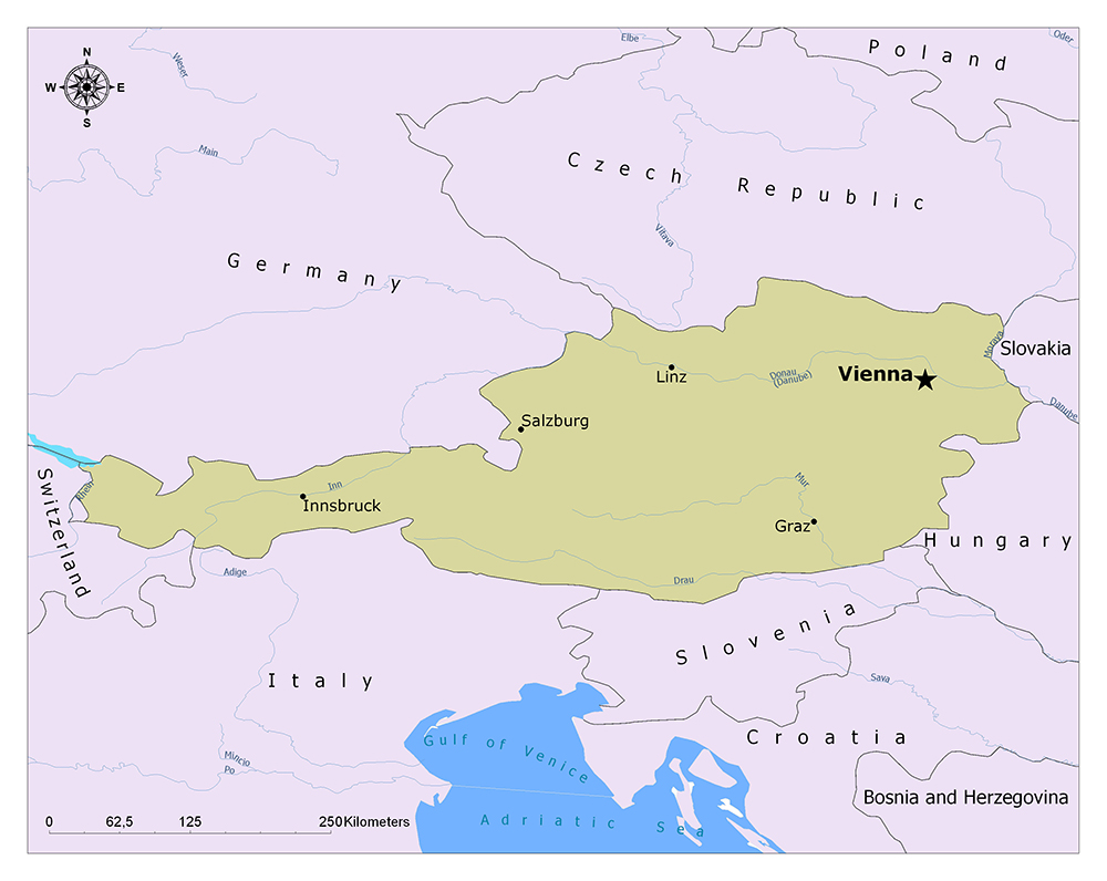 The map displays Austria and its major cities, including Vienna, along with parts of neighboring countries.