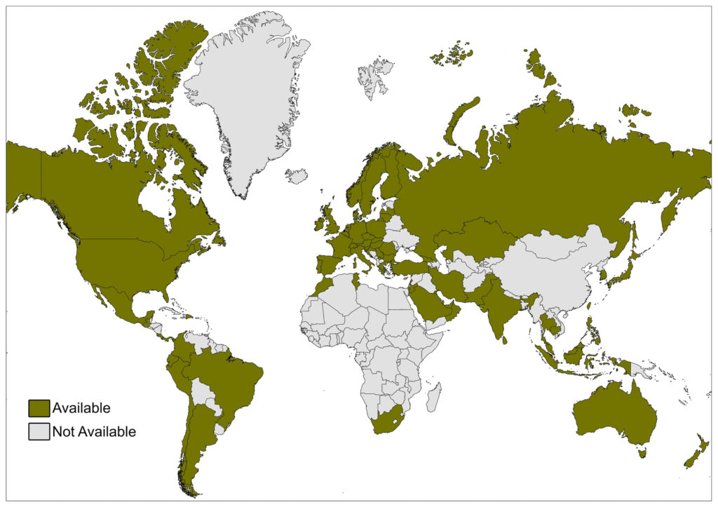 A world map uses two shades to show where something is available or not, with a legend for reference.