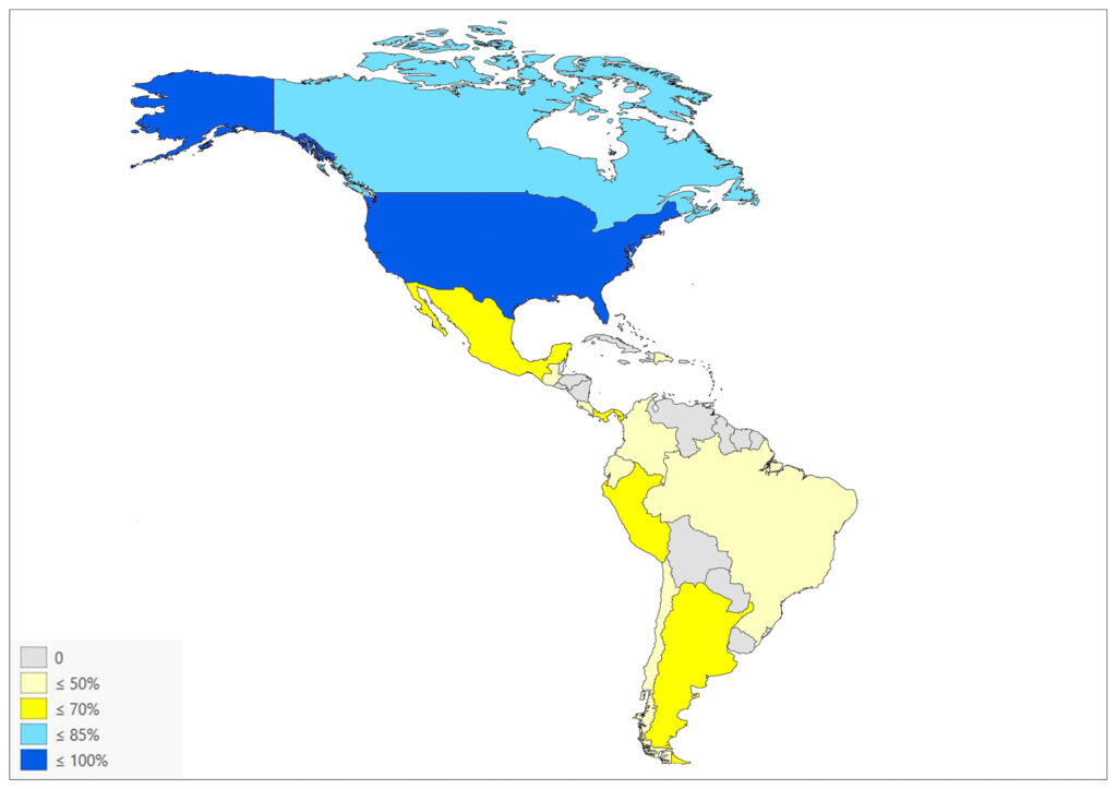 A color-coded map displays North and South American countries in shades of blue, yellow, and grey, representing various data levels.