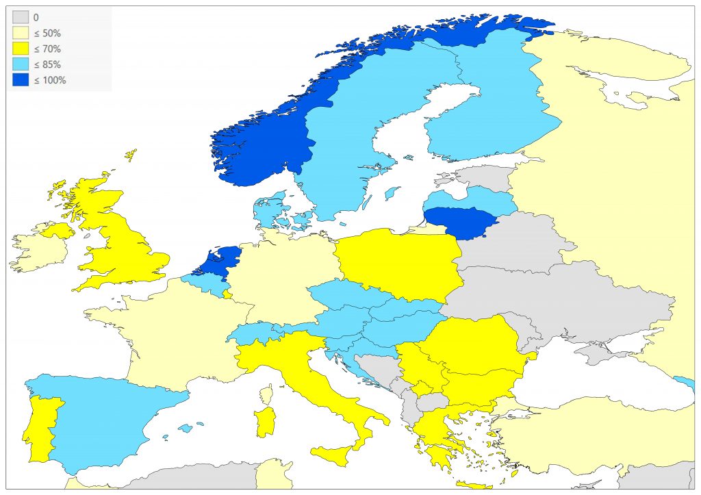 A color-coded European map possibly showing temperature or precipitation levels, with a percentage legend.