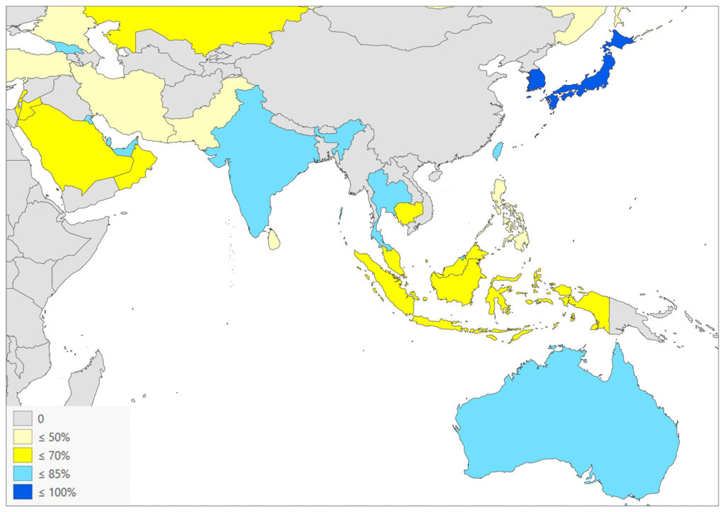 A color-coded map showing different regions in Asia and Australia, with a legend indicating various percentages.