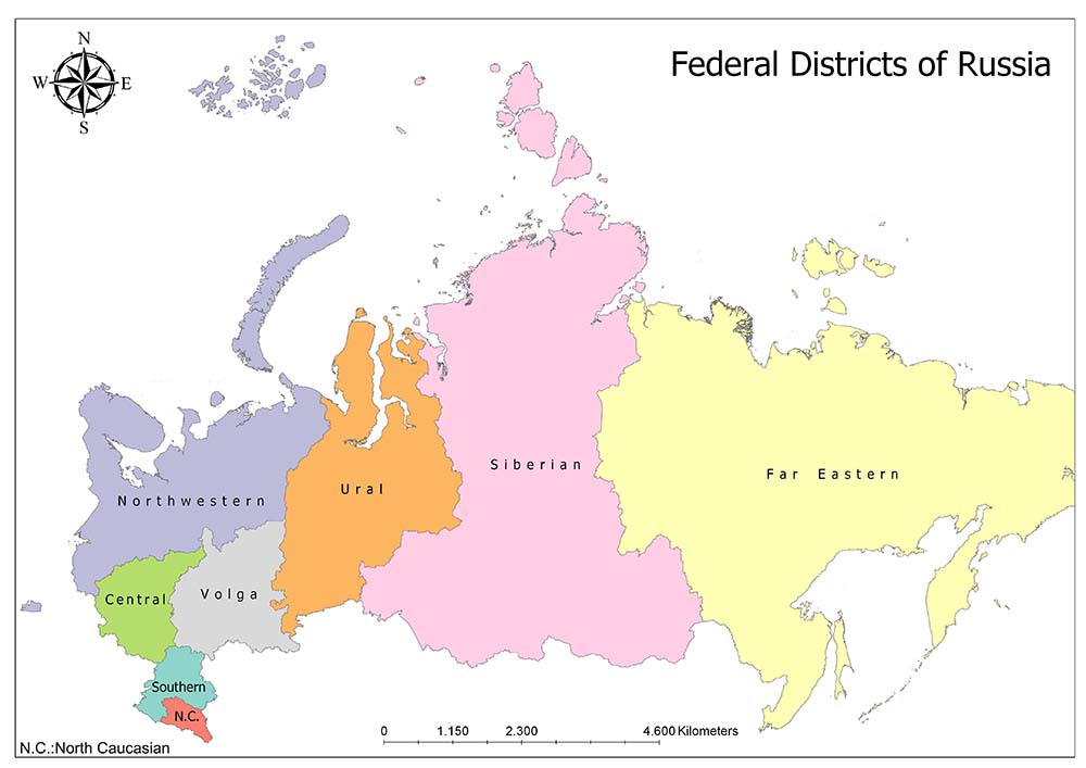 A color-coded map showing the Federal Districts of Russia with a compass rose indicating the north direction.