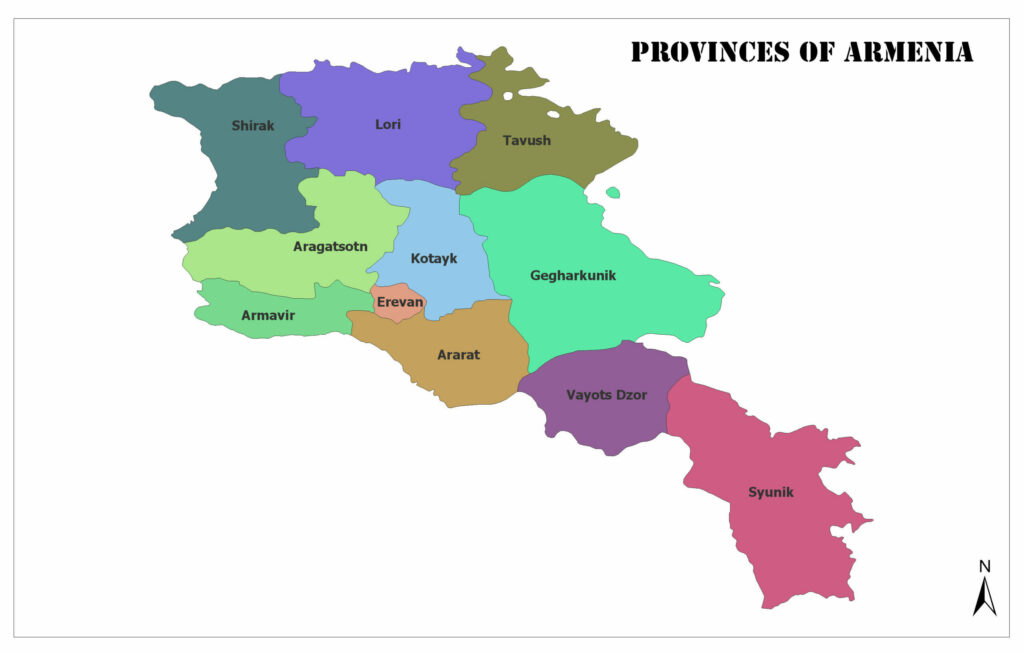 A color-coded map showing the provinces of Armenia with labels for each province.