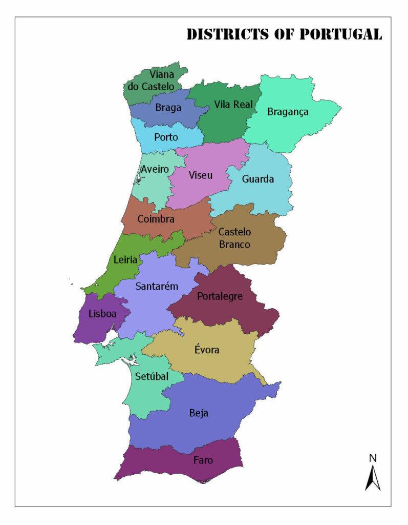 A color-coded map showing the districts of Portugal with labels for each district. A compass rose is present indicating the north direction.