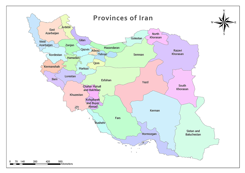 A color-coded map showing the provinces of Iran with labels and a compass rose in the upper right corner.