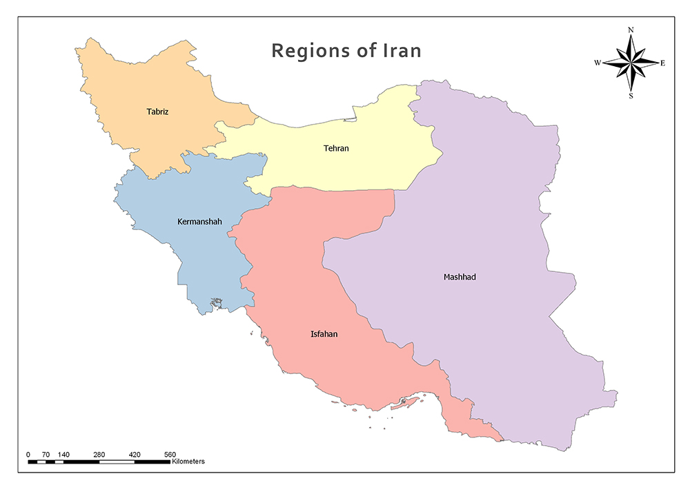 A color-coded map showing various regions of Iran with labels and a compass rose in the upper right corner.