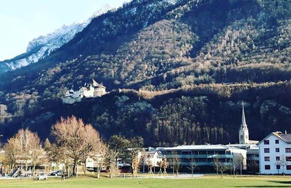 A landscape with a green field, buildings with a church, a castle on a forested hill, and mountains.