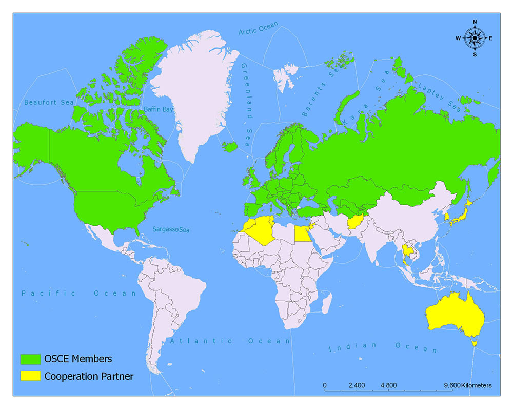 The map uses color-coding to show OSCE member countries (green) and cooperation partners (yellow).