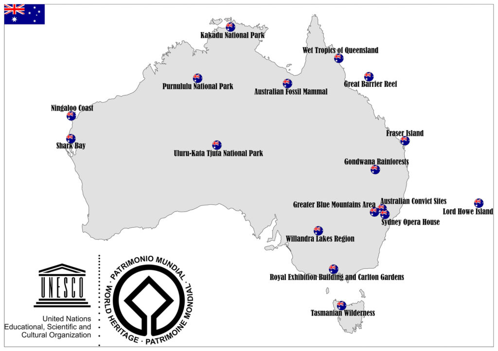 The map of Australia shows UNESCO World Heritage Sites like the Great Barrier Reef and Sydney Opera House.