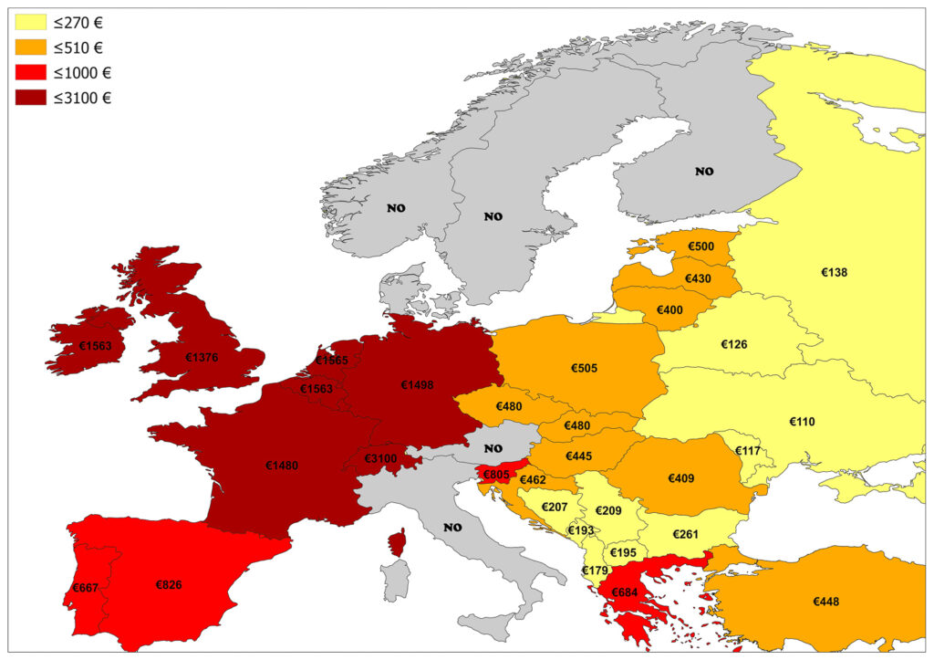 A color-coded map of Europe displaying different income levels with numerical values and a legend indicating income brackets in euros.