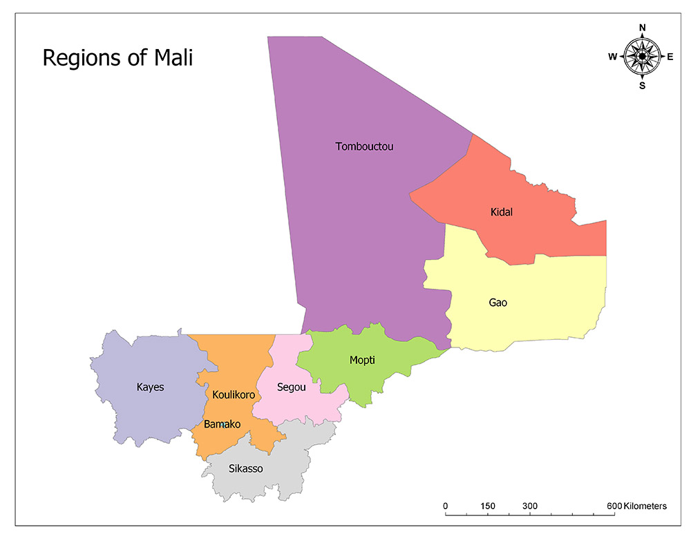 A color-coded map showing the regions of Mali with labels for each region.