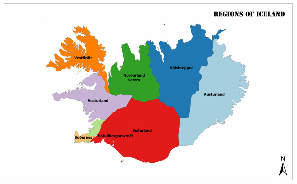 A color-coded map showing the different regions of Iceland with labels for each region.