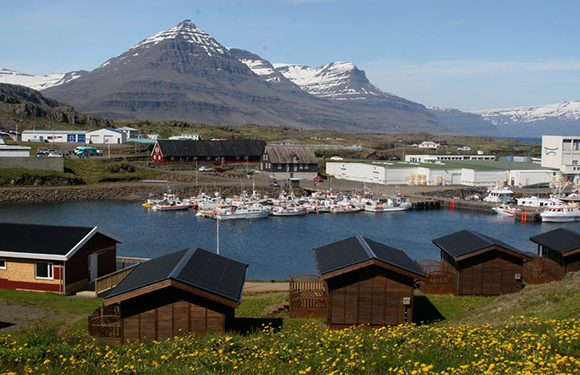 A picturesque coastal village with docked boats, encircled by buildings, houses, and a majestic mountain backdrop.