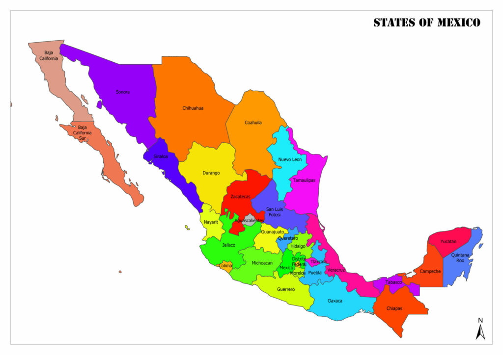 A colorful political map of Mexico showing the various states in different colors with state names labeled in black text.