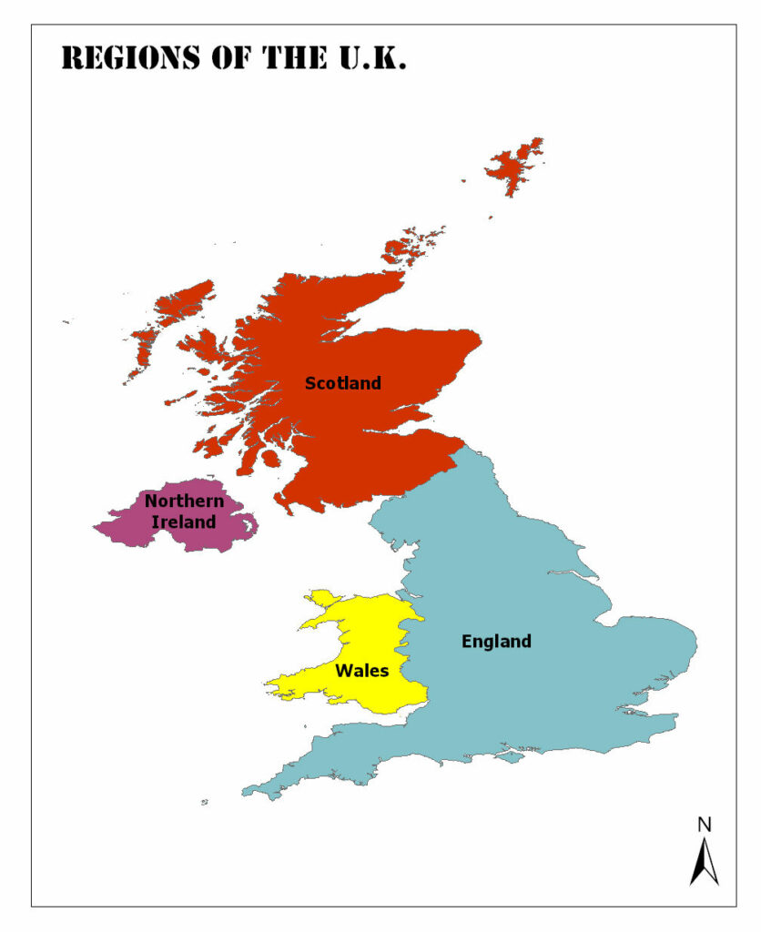 A map displays UK regions in different colors: Scotland red, Northern Ireland purple, Wales yellow, England green. A compass points north.