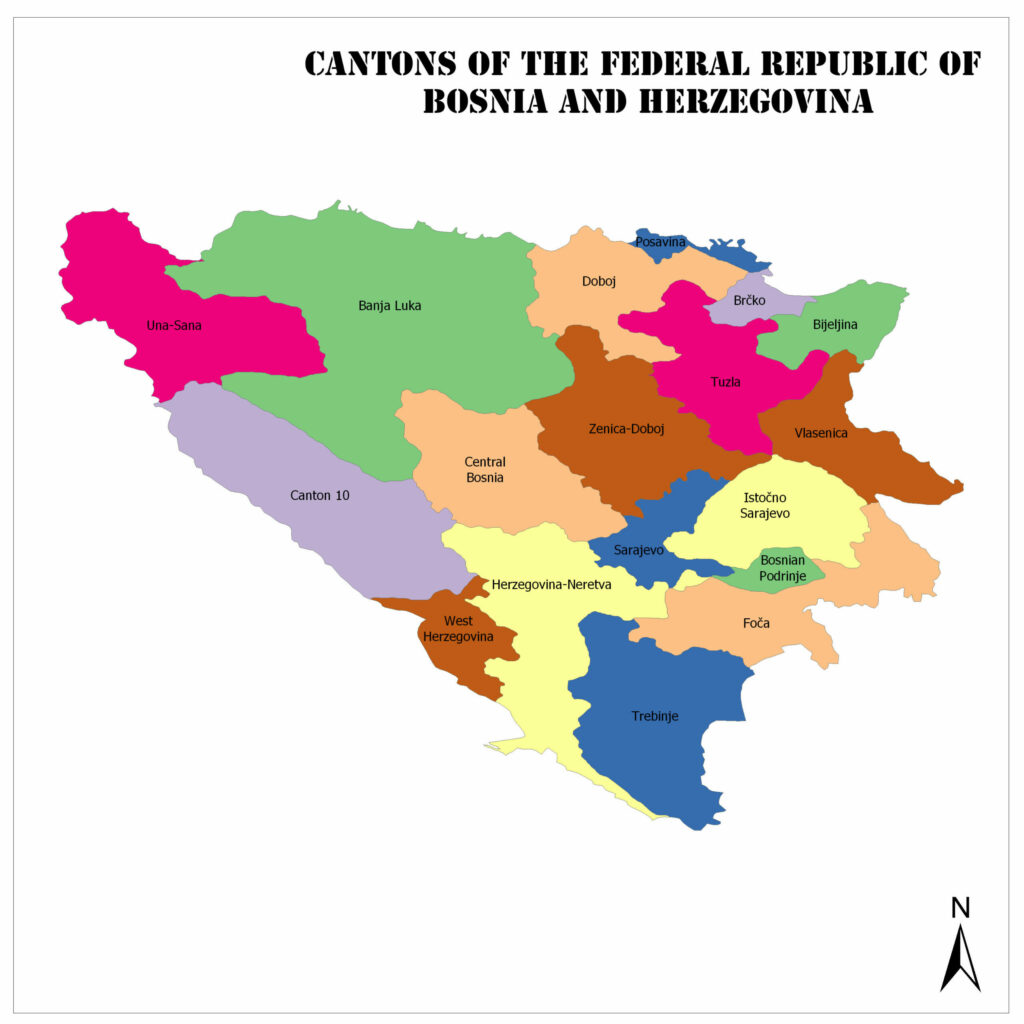 A color-coded map showing the cantons of the Federation of Bosnia and Herzegovina with labels and a north indicator.